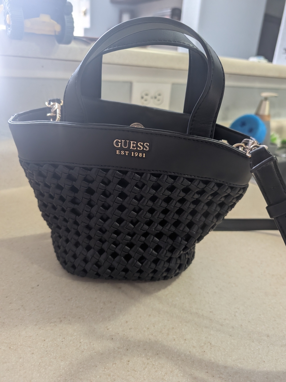 GUESS Black Woven Mini Tote Bag